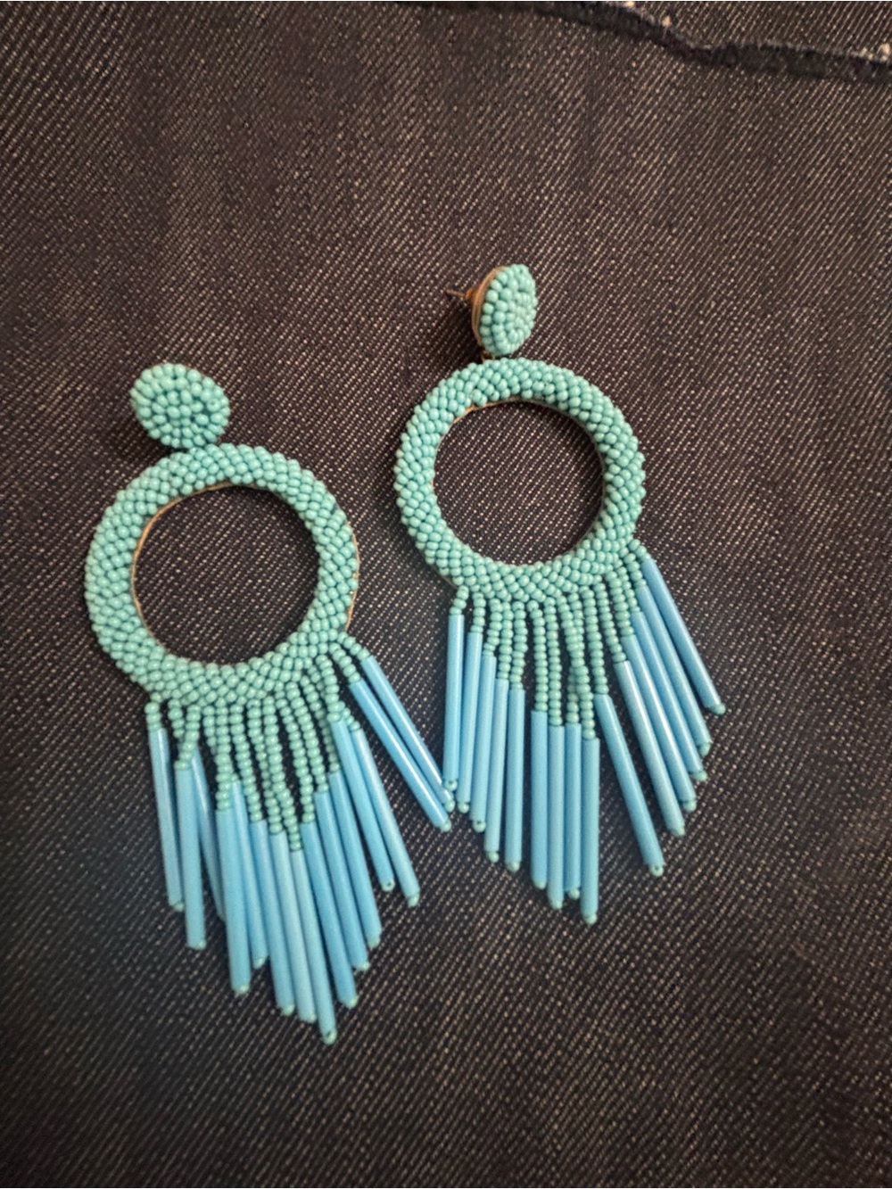 DeepaGurnami designer Light Turquoise Beaded Fringe Hoop Earrings